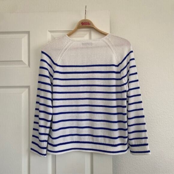 The Loft Pullover Sweater Red Sailboat over Blue & White Stripes Women's Large - Picture 2 of 12